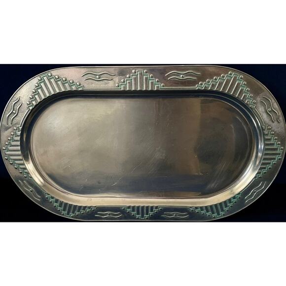 Wilton Metal Zia Turquoise Southwestern Tribal Oval Serving Tray - Picture 2 of 6